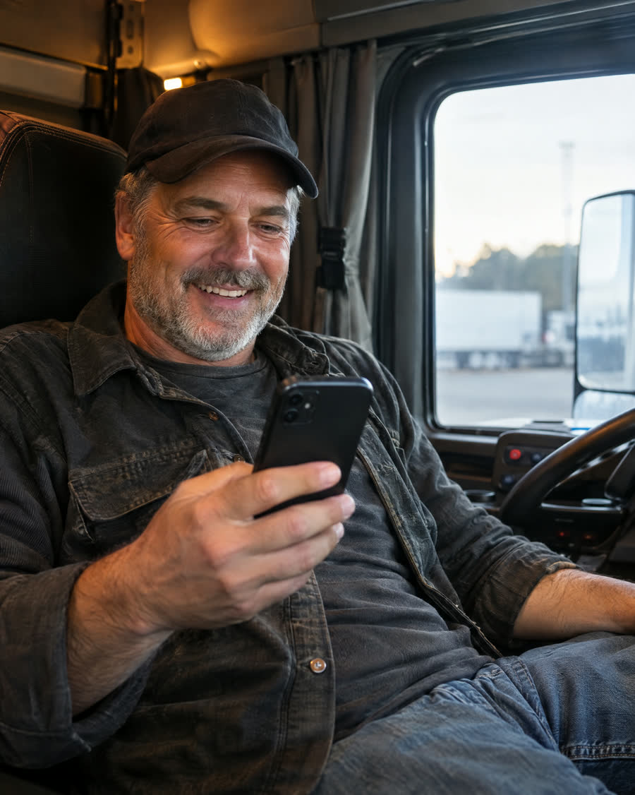 LKW-Fahrer in der Pause schaut l&auml;chelnd auf sein Handy
