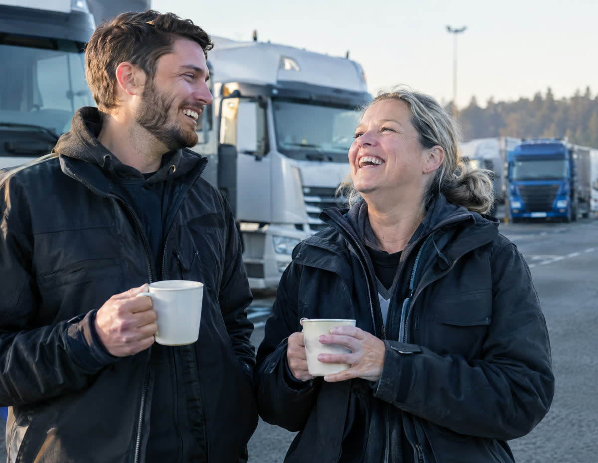 Zwei Fahrer lachen zusammen beim Kaffee auf dem Rastplatz